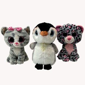 3 Ty Beanie Boos Plush Kiki Kitty Cat Pongo Penguin Tasha Leopard Big Eyes 6" To
